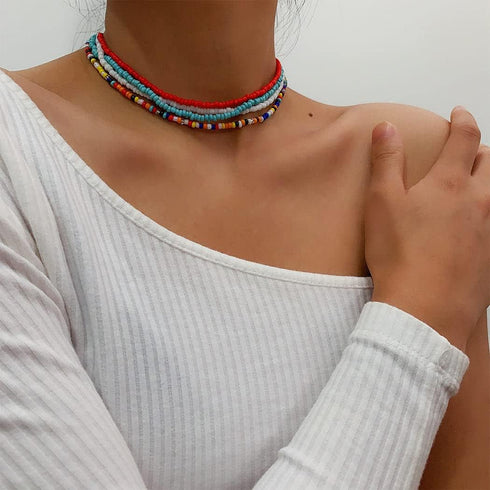 Boho Layered Beaded Necklaces Colorful Beads Choker Necklace Handmade Cute Chokers Set Beach Adjustable Neck Jewelry for Women(7PCS)...