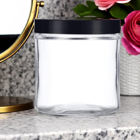 16 oz Large Clear Thick Glass Jar with Black Foam Lined Lid (4 pack)...