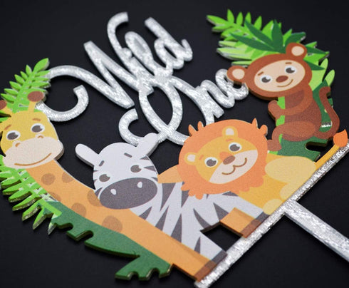 Wild One Cake Topper Safari Jungle Decor Woodland Animals Cake Decorations for Baby Shower Birthday Party Decoration Supplies (Silver Glittery)...