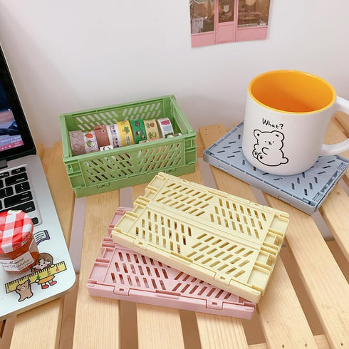 Mini folding plastic storage box Student desktop organizer Pocket Tape Stationery skincare small storage basket (2PCS, Blue&Pink)...