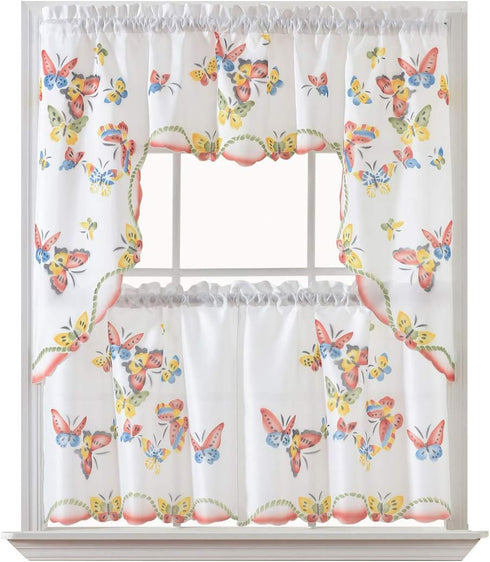 GOHD 3pcs Kitchen Curtain/Cafe Curtain Set, Farmhouse Air-Brushed by Hand of Flying Butterfly Design. (Swag and 24 inches Tiers Set)...