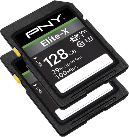 PNY 128GB Elite-X Class 10 U3 V30 SDXC Flash Memory Card 2-Pack - 100MB/s, Class 10, U3, V30, 4K UHD, Full HD, UHS-I, Full Size SD...