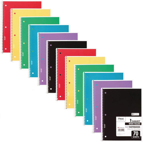 Mead Spiral Notebooks, 12 Pack, 1-Subject, Wide Ruled Paper, 10-1/2" x 8", 70 Sheets per Notebook, Color Will Vary (73699)...