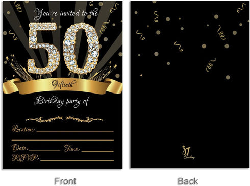 50th Birthday Party Invitations 5x7 Black & Gold Cards with Envelopes and Gold Metallic Pen (Pack of 25)...
