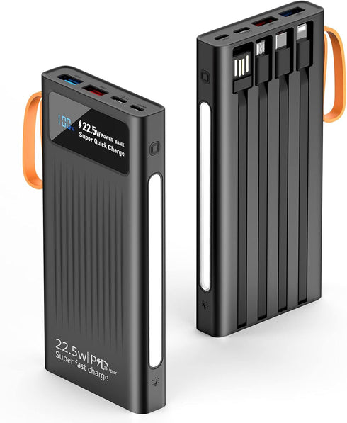 Portable Charger with Built in Cables,10000mAh Power Bank with LED Lamp 22.5W Fast Charging USB C External Battery Pack Phone Charger with LED Dis...