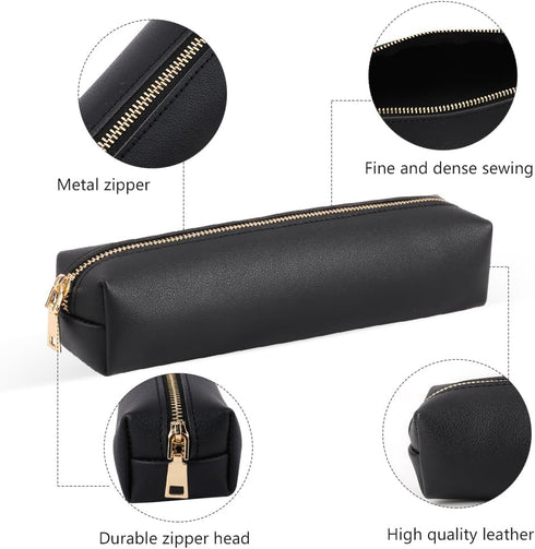 Oyachic Pencil Case PU Leather Cosmetic Makeup Bag Work Small Pen Pouch Zipper Storage Box Adults Desk Organizer Pens,Pencils,Markers (Black)...