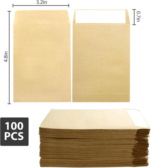 100 Pack Coin Envelopes 3.23"×4.53", Kraft Small Coin Envelopes, Brown Kraft Small Envelopes,Fully sealed seed envelope; Seed Envelopes, Mini Enve...