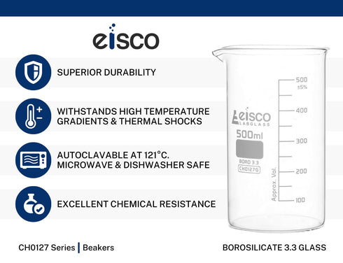 EISCO Beaker, 250ml - Tall Form with Spout - White, 25ml Graduations - Borosilicate 3.3 Glass...