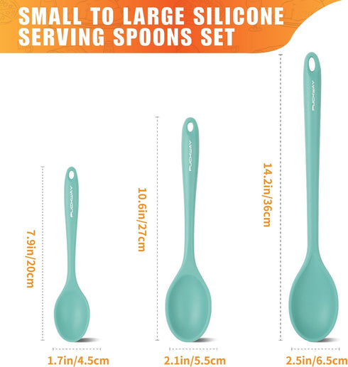 3 Pcs Silicone Spoons Set of 7.9 10.6 14.2 inch for Cooking, Heat Resistant Kitchen Spoons for Mixing, Stirring, and Serving, Small to Large Non S...