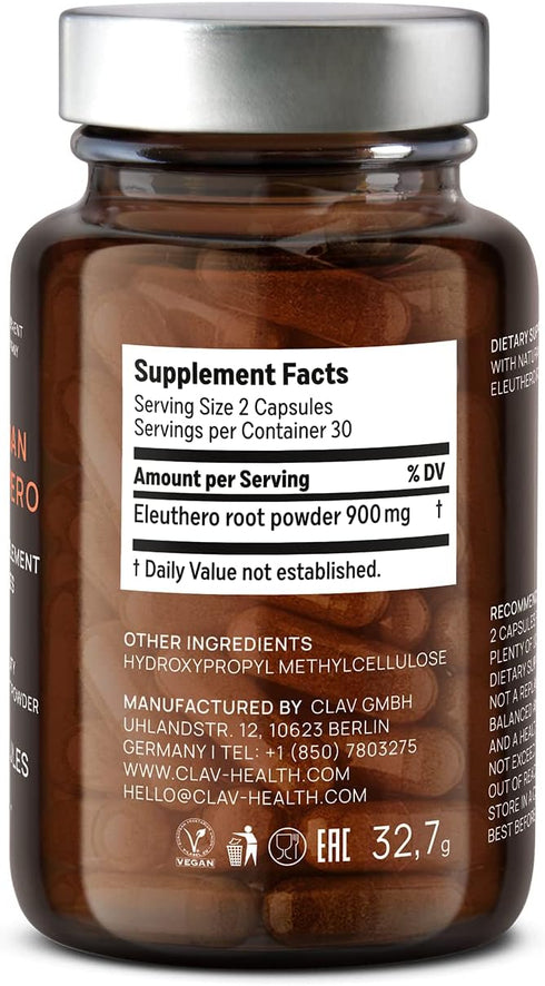 CLAV® Siberian Ginseng - 900mg Eleuthero Root Powder - Energy Supplement - Reduction of Tiredness & Fatigue - 60 Ginseng Capsules - Made in German...