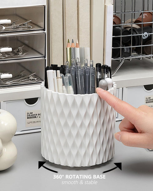 Rotating Pen Pencil Holder for Desk, 5 Slots Unique White Desk Pen Organizer Easthetic Desktop Supplies and Accessories for Women Girls, Pen Cup P...