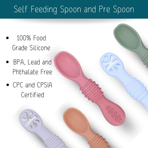 Silicone Baby Spoon & Pre-Spoon Self Feeding - First Stage Infant Feeding Spoons - Bendable Baby Utensils for Parent & Self-Feeding, Teething Frie...