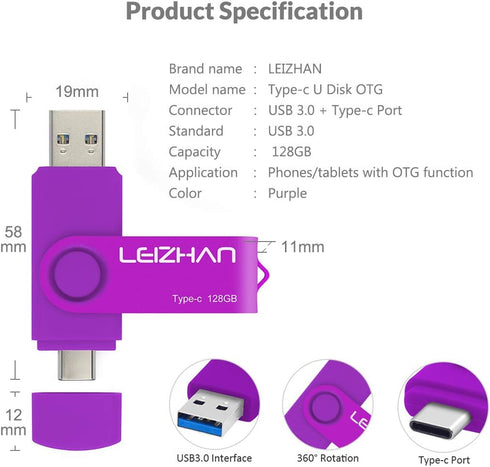 leizhan 128GB USB Flash Drive USB 3.0 Type C Phone Picture Stick for Samsung Galaxy S10+, S10e, S10,S9, Note 9, S8, S8 Plus,Google Pixel XL Thumb ...