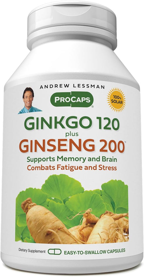 ANDREW LESSMAN Ginkgo 120 Plus Ginseng 200mg - 60 Capsules - Standardized Extract Blend to Support Brain, Memory and Cognitive Function. Adaptogen...