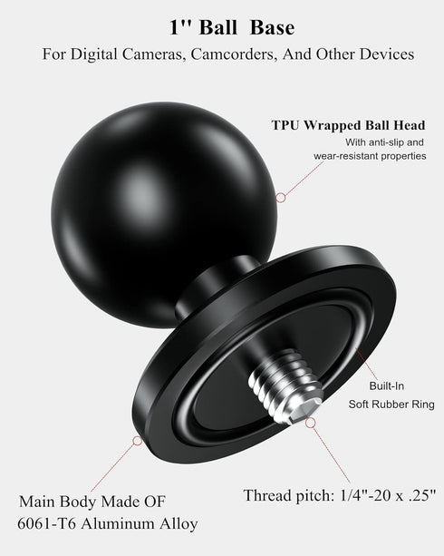 BRCOVAN 2 Pack, Aluminum Alloy 1'' Ball Adapter with 1/4"-20 Threaded Stud for Action Camera & Camcorder Compatible with RAM Mounts B Size 1'' Bal...