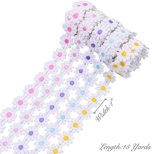 15 Yards 1inch Daisy Lace Trim Flower Applique Lace Ribbon for Gift Wrapping DIY Sewing Craft Wedding Dress Hair Accessories Jewelry Making Dreamc...