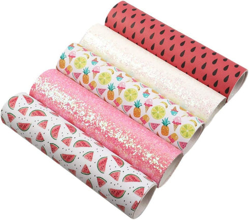 Summer Fruits Faux Leather Sheet Glitter Synthetic Leather Fabric Assorted 5 Pcs 7.7" x 12.9" (20 cm x 33 cm) for Hair Bows Headbands Making...