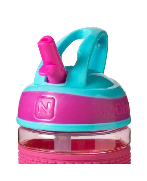 Nuby Thirsty Kids Flip-it Freestyle On the Go Water Bottle with Bite Resistant Hard Straw Cup and Easy Grip Band, Pink Donuts, 12 Ounce...