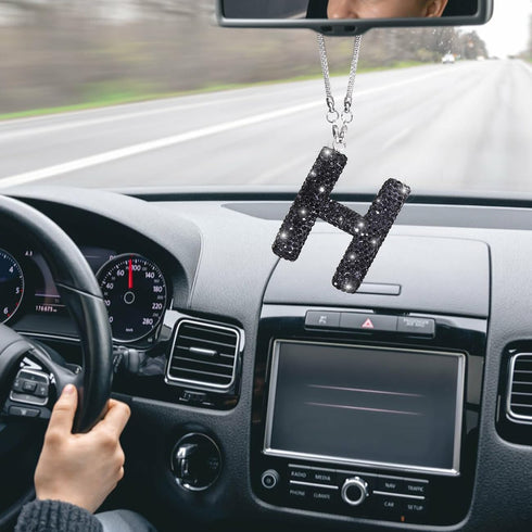 ToBeQueen Black Bling Letter H Charm, Diamond Crystal Rhinestone Bling Rear View Mirror Charm, Cute Lucky Hanging Ornament Black Bling Car Accesso...