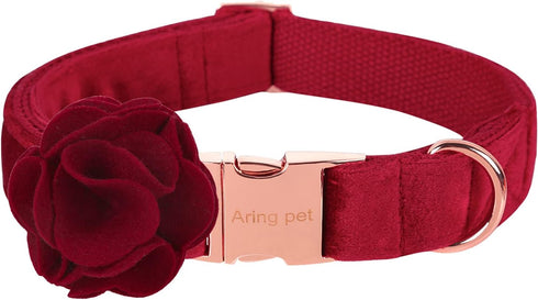 ARING PET Velvet Dog Collar, Adorable Christmas Dog Collar with Felt Flower, Comfortable Red Girl Dog Collars with Metal Buckle for Small Medium L...