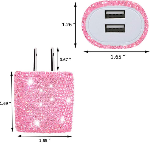 USB Wall Charger Bling 5V/2.4A 24W Dual Port Fast Charger Plug Cell Phone Block Adapter Pink for iPhone Android Samsung iPad Tablet etc.......