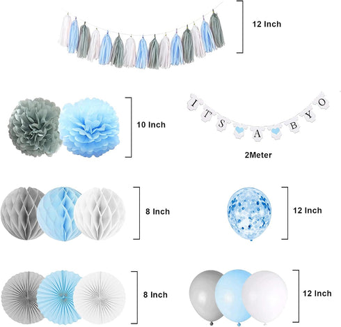 Baby Shower Decorations for Boy, It’s A Boy Banner with Paper Fan Tissue Pompoms Honeycomb Ball Party Balloons Foil Tassel, Blue and Grey It’s A b...
