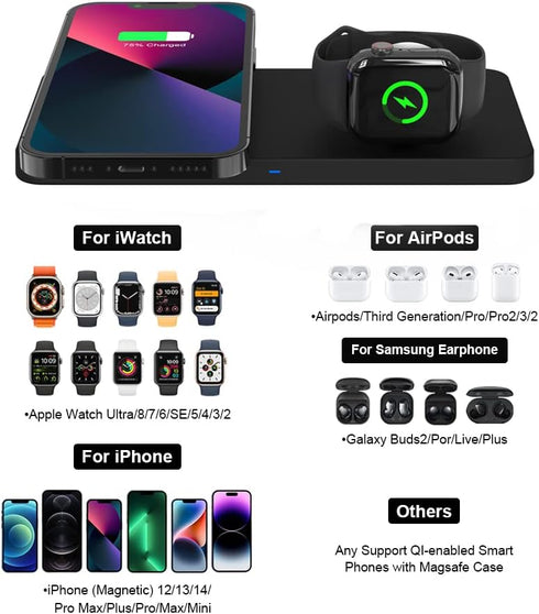 M13 2 in 1 Magnetic Wireless Charging Station,Qi Certified Charging Pad, Ultra Thin with QC3.0 Adapter for Dual Devices iPhone 14 13 Pro Max/Apple...