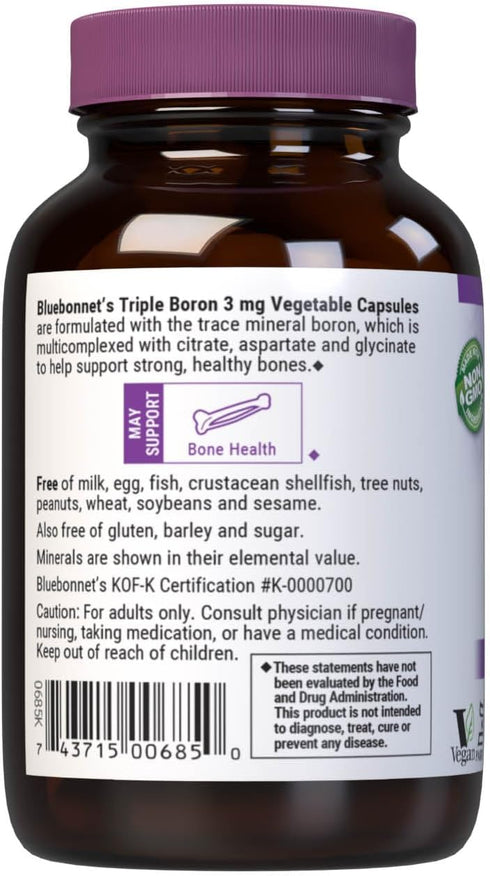 Bluebonnet Triple Boron 3 mg Trace Mineral Bone Support - Boron Supplement for Men & Women with Citrate Aspartate & Glycinate - Vegan, Non-GMO - 9...