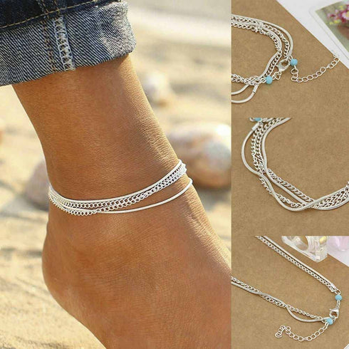 Boho Anklets Silver Layered Ankle Bracelets Turquoise Beach Foot Jewelry Adjustable for Women and Girls...