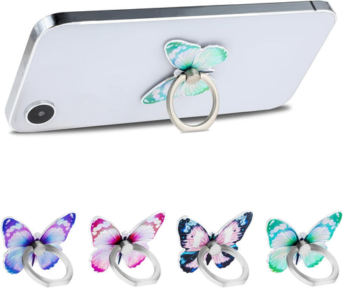 4 PCS Butterfly Cell Phone Ring Holder Zinc Alloy Cute 360°Rotation Metal Finger Pattern Painted Universal Phone Ring Holder Compatible for All Sm...