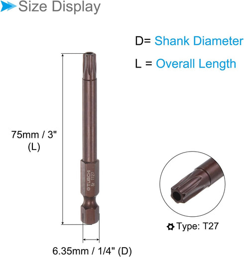 Magnetic Torx Screwdriver Bit, T27 3" Length 1/4" Hex Shank, S2 Steel Star 6 Point Drill Driver Tamper Proof - (Applications: for Auto Repair), 2-...