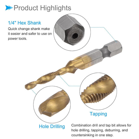 Combination Drill and Tap Bit, M4 x 0.7 Thread Size 1/4" Hex Shank, 4341 Titanium Coated High Speed Steel Tools - (Applications: for Aluminum Stai...