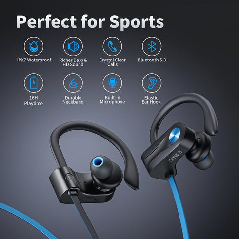 Wireless Headphones Bluetooth 5.3 Headphones with 16 Hours Playtime, Over-Ear Stereo Bass Earphones with Earhooks Headset, Sports Earbuds with Sto...