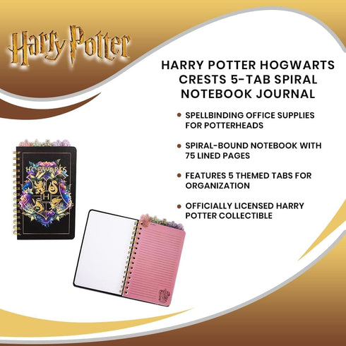 Harry Potter Hogwarts Crests 5-Tab Spiral Notebook | 75-Page Bound Sketchbook Journal, Work Memo Notepad With Lined Paper, Travel Diary Writing | ...