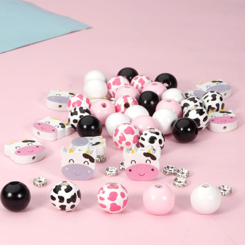 70pcs Chunk Beads,16mm Cow Print Wood Beads and 20mm Flat Wooden Beads Crystal Spacer Beads Set Focal Beads for Beadable Pens Ballpoint Pen Shaft ...