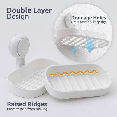 LEVERLOC Soap Dish Holder for Shower Suction Cup Wall Mounted Self Draining NO-Drilling Removable Bar Soap Sponge Holder for Bathroom Bathtub Kitc...