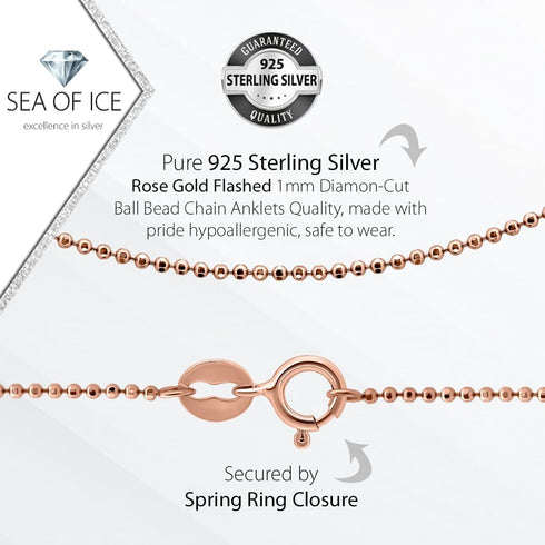 SEA OF ICE Sterling Silver 1mm Round Ball Bead Chain Anklet For Women, Size 9", 10" and 11" Italy...
