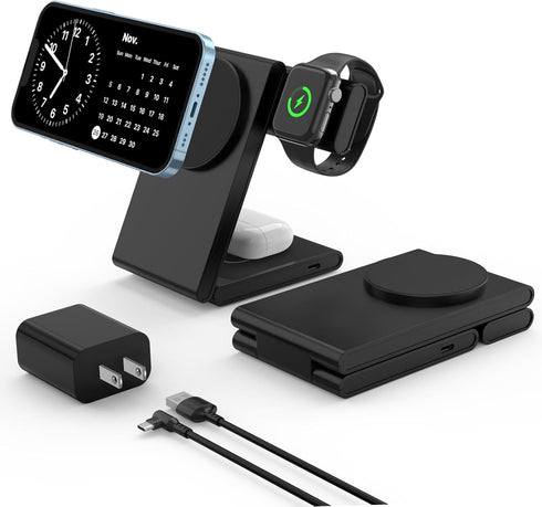 3 in 1 Wireless Charger with Magsafe, Foldable Charging Station for Apple Devices, Travel Charger Compatible with iPhone 15/14/13/12 Series, iWatc...