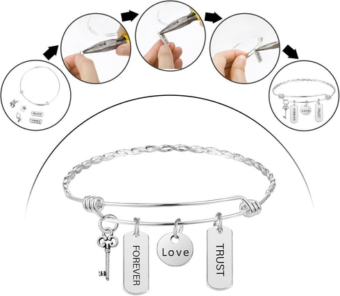 363 Pcs Silver Expandable Bangle Bracelets Charm Bracelets DIY Kit, 17 Pcs Adjustable Wire Bangles, 146 Pcs Charms Pendants, 200 Pcs Open Jump Rin...