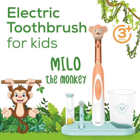 Beurer TB10 Kids Electric Toothbrush Kit - Fun Milo The Monkey Cap with 2 Extra-Soft Brush Heads to Help Remove Plaque, 2 Minute Timer, and Rinse ...