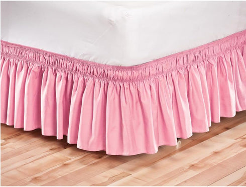 Pleated Three Sides Fabrics Wrap Around Style Egyptian Cotton Elastic 17 inch Drop Dust Bed Skirt for Twin/Full,Queen,King Size Beds(Queen, Pink)...