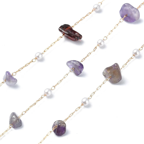 DanLingJewelry 5m Brass Handmade Natural Amethyst Stone Beading Chain Purple Irregular Crystal Chains with Spool for Jewelry Making Supplies...