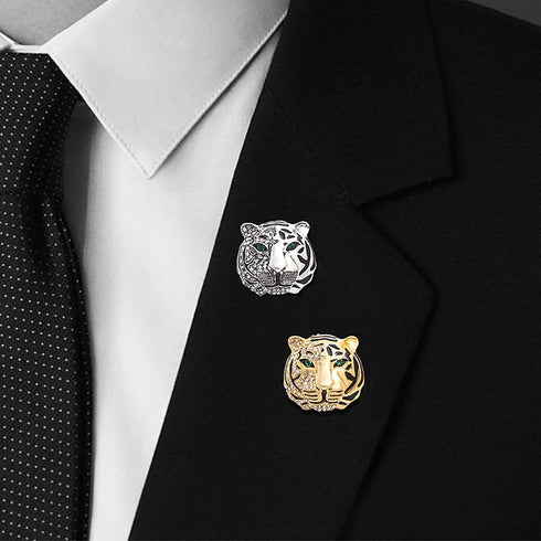 Vintage Punk Tiger Head Brooch Pin, Rhinestone Crystal Animal Tiger Suit Pin, Retro Gold Silver Tiger Head Badge Lapel Pin for Men Women Girls...