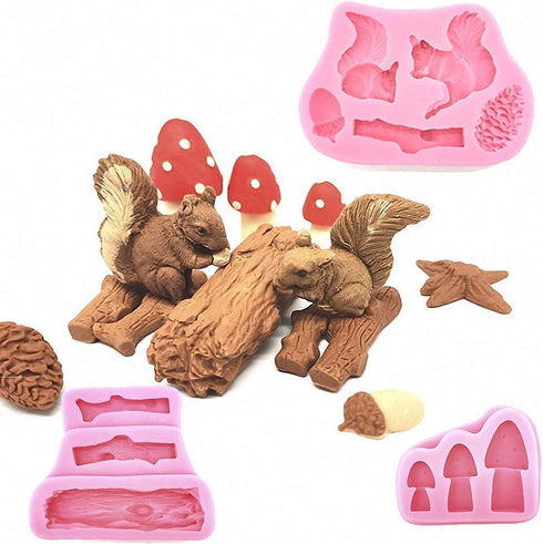 4Pcs/Set Forest Themed Fondant Molds Animal Tree Trunk Squirrel Mushroom Pinecones Lumberjack Gumpaste Chocolate Candy Mold Stump Birthday Cake De...
