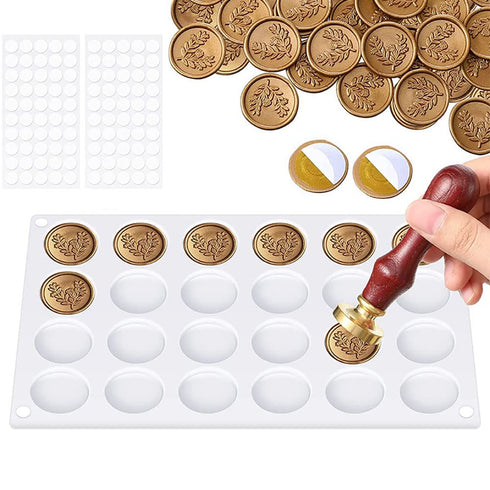 Wax Seal Silicone Mat for Wax Sealing Stamp, 24 Cavity Wax Seal Molds Silicone with 200Pcs Removable Sticky Adhesive Dots for DIY Craft Adhesive W...