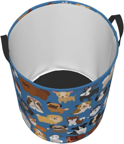 Cute Dogs Blue Round Laundry Hamper Storage Basket Toys Clothes Organizer Bin For Home Bathroom Bedroom Dorm Nursery, 38l...