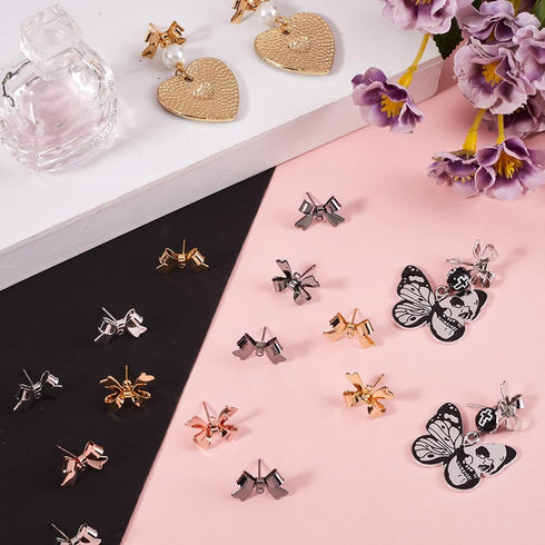 1 Box 50Pcs Bow Earring Post Bow Stud Earring Post Gold Brass Real 18k Gold Plated Earring Stud with Ear Nuts Bowknot Stud Earring Findings for Je...