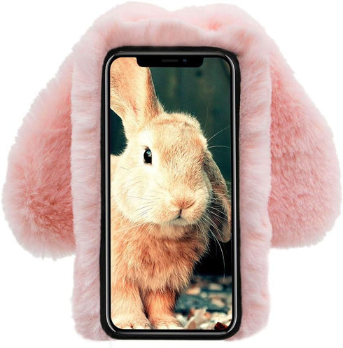 for Samsung Galaxy Note 8 Case, Rabbit Fur Ball Case,Luxury Cute 3D Homemade Diamond Winter Warm Soft Furry Fluffy Fuzzy Bunny Ear Plush Pink Phon...