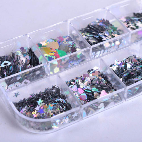 Nail Art Glitter Sequins Nail Art Supplies 12 Grids Holographic Laser Silver Nail Decals 3D Butterfly Letter Heart Nail Art Stickers for Acrylic N...
