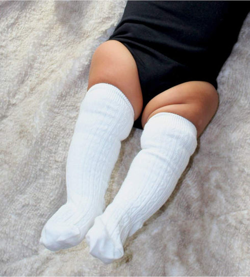 Yenzat Toddler Knee High Socks Cable Knit Long Stockings Baby Girls Boys White 2T-3T 3 Pairs...